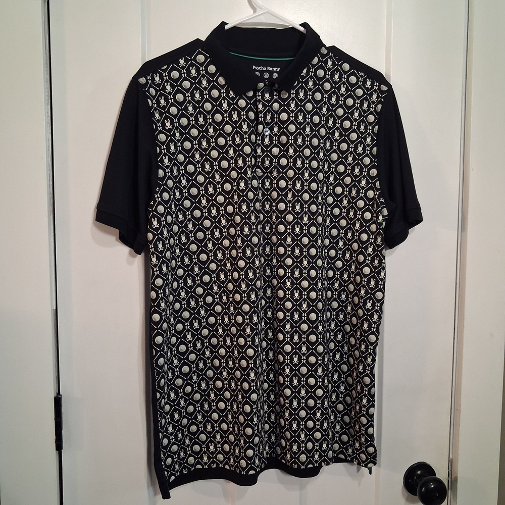 Psycho Bunny Polo Mens 5 Black Golf All Over Print Short Sleeve MT0100022 Trendy